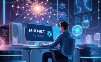 Futuristic illustration of a programmer working with MXNet Python in a high-tech environment, showcasing AI and deep learning elements like neural networks and glowing data nodes.