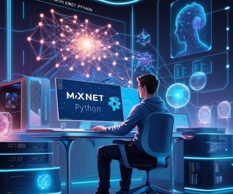 Futuristic illustration of a programmer working with MXNet Python in a high-tech environment, showcasing AI and deep learning elements like neural networks and glowing data nodes.