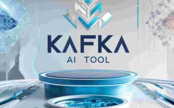 An innovative, futuristic representation of Kafkai AI Tool. The scene shows a sophisticated, sleek digital interface with abstract data flows and AI algorithms in the background. The tool's logo is prominent, featuring modern typography and intricate geometric designs. The design incorporates light blues, whites, and hints of metallic silver, evoking a sense of advanced technology and automation. Visual representations of artificial intelligence and machine learning, like neural networks or data streams, are subtly integrated into the background, giving the impression of a cutting-edge AI tool for business and technology.