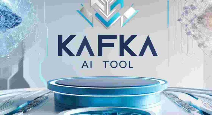 An innovative, futuristic representation of Kafkai AI Tool. The scene shows a sophisticated, sleek digital interface with abstract data flows and AI algorithms in the background. The tool's logo is prominent, featuring modern typography and intricate geometric designs. The design incorporates light blues, whites, and hints of metallic silver, evoking a sense of advanced technology and automation. Visual representations of artificial intelligence and machine learning, like neural networks or data streams, are subtly integrated into the background, giving the impression of a cutting-edge AI tool for business and technology.